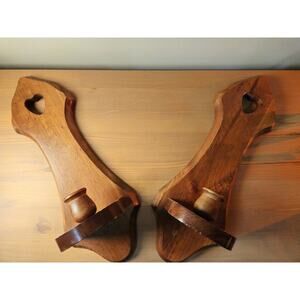 Vintage Pair Oak Wood Wall Sconce Candle Holder Heart Country Farmhouse 15'